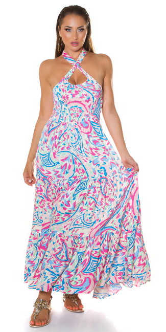 Trendy Summer Neck-Maxidress with print Pink